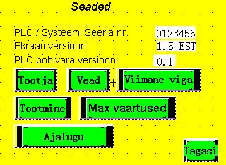 : Süsteemi seerianumber, samuti andmeserveris ID number Ekraaniversioon: Kasutajaliidese tarkvara versioon.