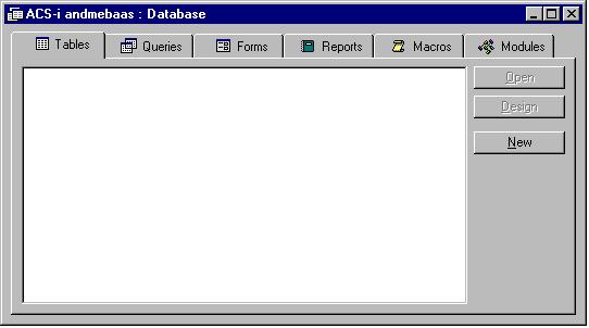 Lisaks sellele avaneb tööväljale andmebaasi aken; Accessi andmebaasi komponentideks võivad olla: Tabelid (Tables) Päringud (Queries) andmete hoidmiseks vajalike (teatud tingimusele vastavate) andmete