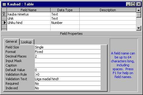 Välja omadusi saab muuta tabeli disainiakna alumises pooles (Field Properties).