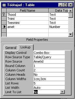 Lehel Lookup saab väljale andmete sisestamise hõlbustamiseks paigutada rippmenüüd võimalike väärtustega Display Control Text Box - tavaline sisestusväli List Box - valikutega rippmenüü Combo Box -