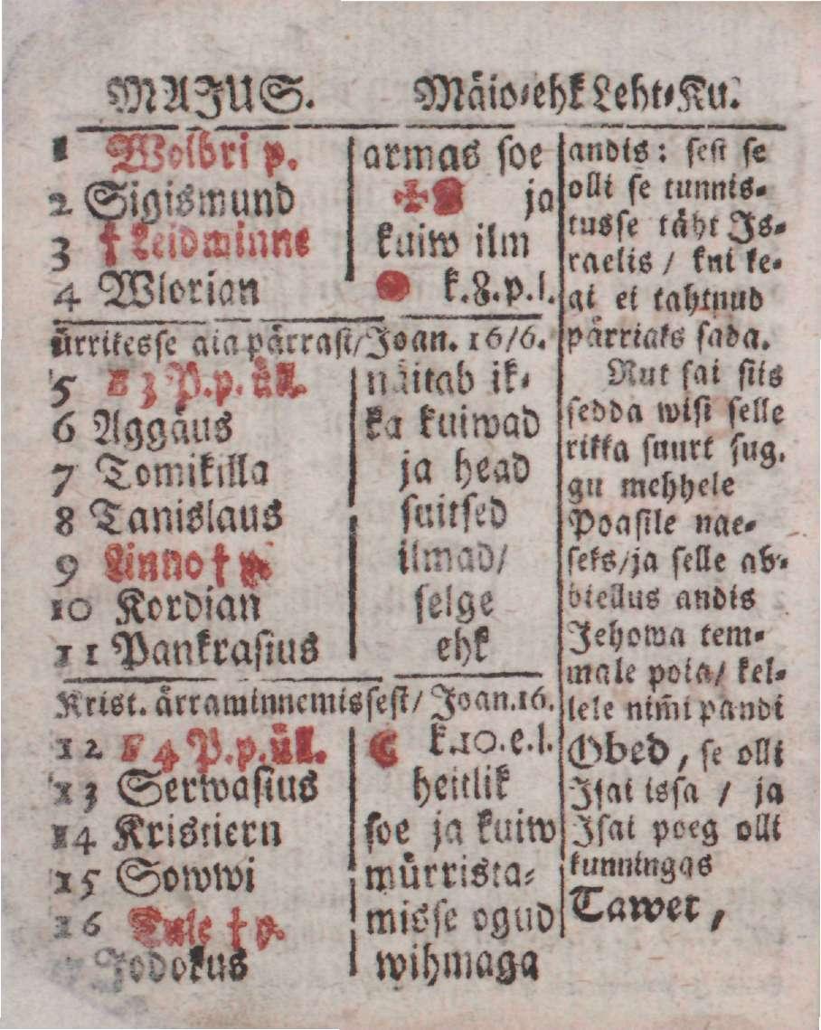 MAIUS. Sigismund 'liidvinne 4 Wiorian «rrttcsst'äiss pärrast/joan. 16/6, 5 ^ö P.P 6 Aggaus 7 Tomikllla 8 Tanislaus 9 sinno fm IO Kordian z i Pankrasius MäwtthkLeWKu.