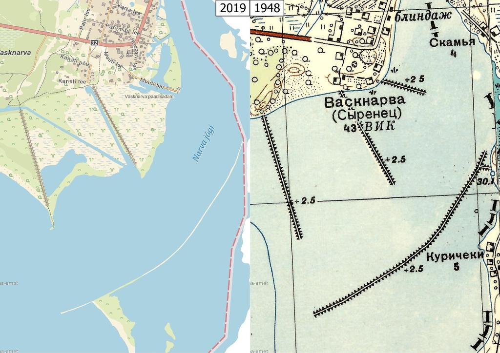 Skeem 13. Vasknarva buunid 2019. aasta Maa-ameti kaardil ning 1948. aasta NSVL o-42 seeria 1:25 000 topograafilise kaardil (Kaardid: Maa-amet, 2018).