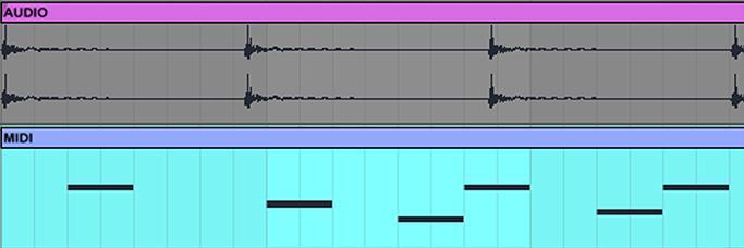 Samamoodi on programmis olemas eraldi MIDI ja audio efektid, mida saab siis asetada vastavalt MIDI ja audio klippidele. Pilt 5. Audio ja MIDI klipid.