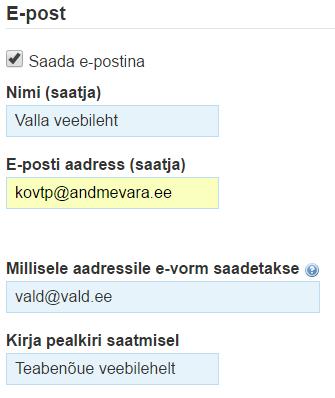 Nimi (saatja) Saatja nimi (nt Valla veebileht), mida kuvatakse postkastis kirja saatjana E-posti aadress (saatja) Saatja e-posti aadress.