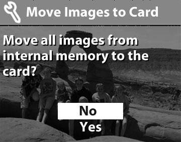 Kui mälukaart mahutab kõik sisemälu pildid, küsitakse, kas soovite teisaldada kõik pildid. Kui mälukaardil on ruumi vähe, saate teisaldada ainult nii palju pilte nagu neid kaardile mahub.