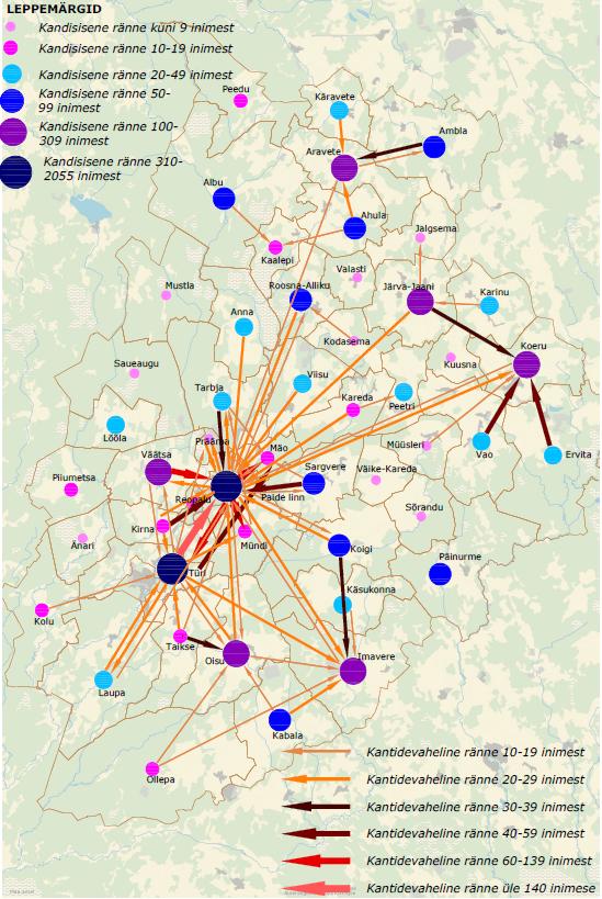Joonis 2 Järvamaal elavate ja töötavate inimeste tööränne 2014 Allikas: Järva maakonnaplaneering Analüüsitavate asustusüksuste pindala on kokku 112,5 km² ehk u 9,2% Järva vallast.