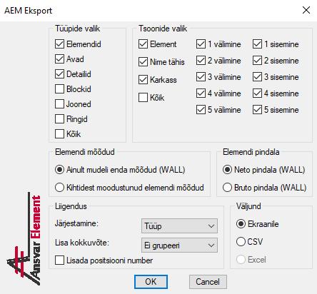 3.12 AEM_Export Et saada mudelist kätte detailide spetsifikatsioon, tuleb käivitada käsk AEM_EXPORT. Eksportimise viise on mitu, seega pärast käsu käivitamist tuleb ette valikaken. 3.12.1 Ekspordi tekstina Tüüpide valik all tuleb valida, millist tüüpi objektide infot saada tahate.