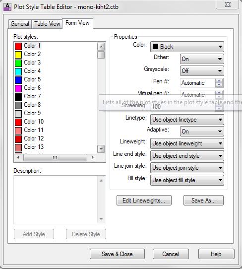 kihi tööjoonist, hiljem tuleb sarnaselt luua valik ka teistele kihtidele). Plot Style Table Editor all on 255 erinevat värvi, kus igaühele on määratud Color all Black.