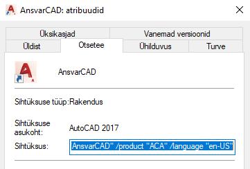 2.3 AnsvarCAD otsetee (shortcut) Kui tarkvara sidumine AutoCAD-iga on tehtud ning samuti loodud selle jaoks uus profiil, siis on võimalik luua ka eraldi otsetee (shortcut) töölauale. 1.