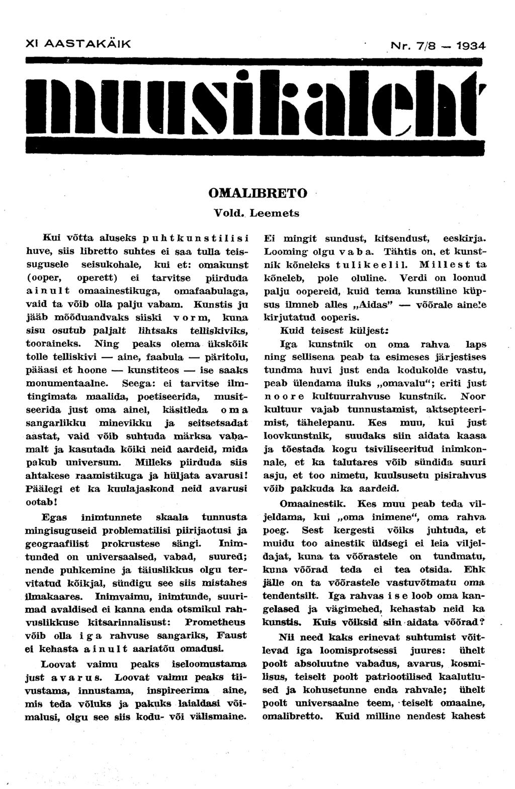 XI AASTAKÄIK Nr. 7/8 1934 iiiiiiisilüitolil OMALBBRETO Vold.