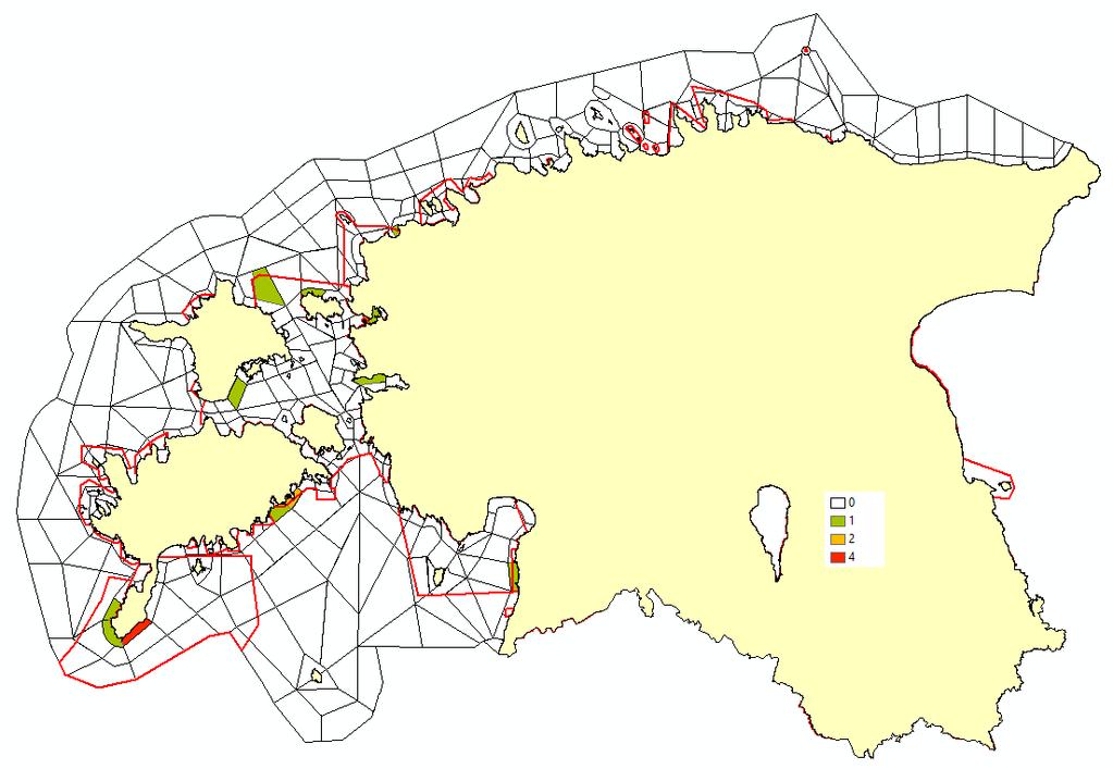 Joonis 95. Rahvusvahelise tähtsusega peatumisala arvulisi kriteeriume ületavate liikide arv rannikumere sektorites suvel (punase joonega Natura linnualade piirid).