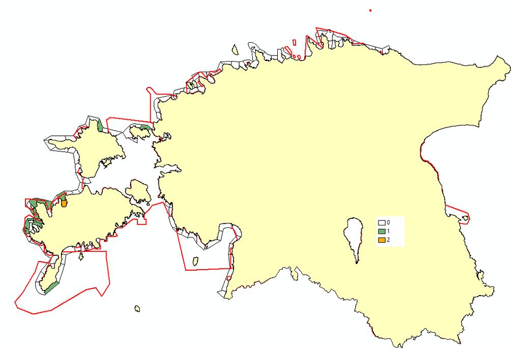Joonis 97. Rahvusvahelise tähtsusega peatumisala arvulisi kriteeriume ületavate liikide arv rannikumere sektorites talvel juhuvaatluste andmetel (punase joonega Natura linnualade piirid).