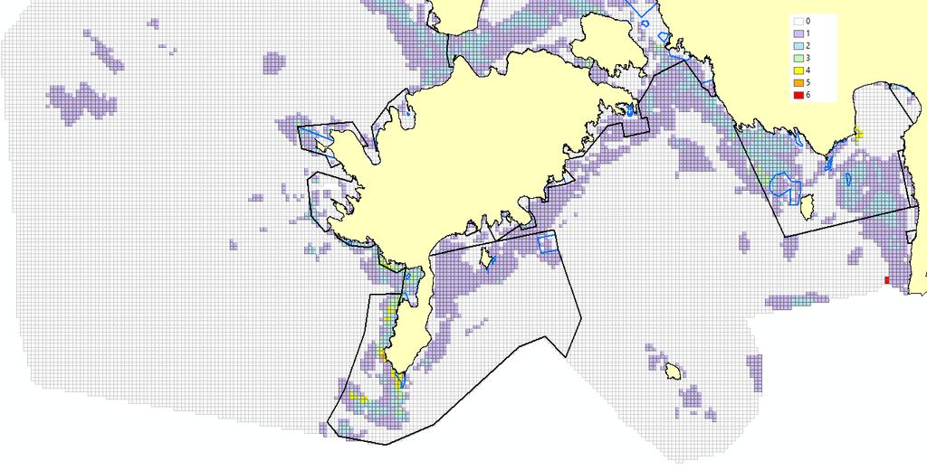 Joonis 108. Oluliste juhtude (1 juht = 1 liik 1 sesoonil) arv prognoosiruutudes Edela-Eesti merealal (sinine kaitseala piir, must Natura linnuala piir).