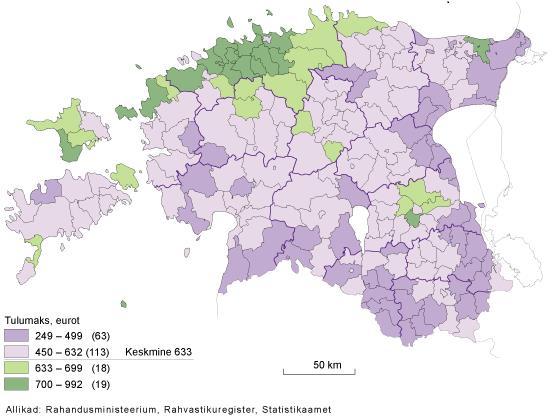 Üksikisiku tulumaksu laekumises kohalike omavalitsuse üksuste eelarvesse (vt joonis 6) on väga selgelt näha kõrgemate sissetulekute kontsentriline koondumine Põhja-Eestisse Tallinna ümbrusesse ning