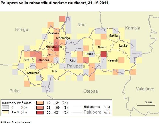 Kaart 2: Palupera valla rahvaarv ja asustustihedus külati 2012.a. algul (Allikas: Eesti Statistika Andmebaas 2013). 1.4.