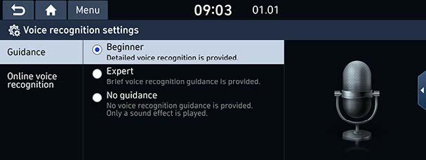 Hääljuhtimise seadistused (Voice recognition) Selle menüü vahendusel saate muuta hääljuhtimisega seotud seadistusi. 1. 2. Puudutage soovitud valikut ekraanil.