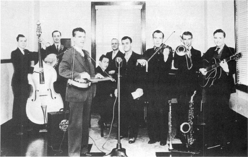 Above: The Whalin Brothers Band was a daily feature on WKY in 1936. (Courtesy Oklahoma Publishing Company.) Right: KVOO's mobile farm department, with Farm Director Sam Schneider.