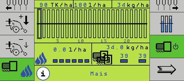 Funktsioonisõrmis - laotuskogus (nool) Väljakülvi korral saab vajutada dosaatori jaoks ekraani all vasakus olevat funktsioonisõrmist.