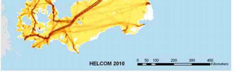 laevaliiniga. Joonis 2.9. Laevaliikluse intensiivsus Läänemerel, HELCOM AIS andmed aastast 2008 (HELCOM, 2010).