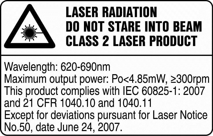 1.3 Tootel Info laseri kohta Laseri klass 2, tugineb normile IEC60825-1/EN60825-1:2007 ja vastab CFR 21 10