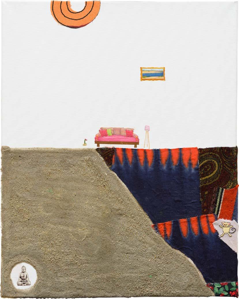 MIRJA-MARI SMIDT (1977) ELUTUBA / LIVING ROOM Värvipliiats, tekstiil, kollaaž, lõuend / Colour pencil,