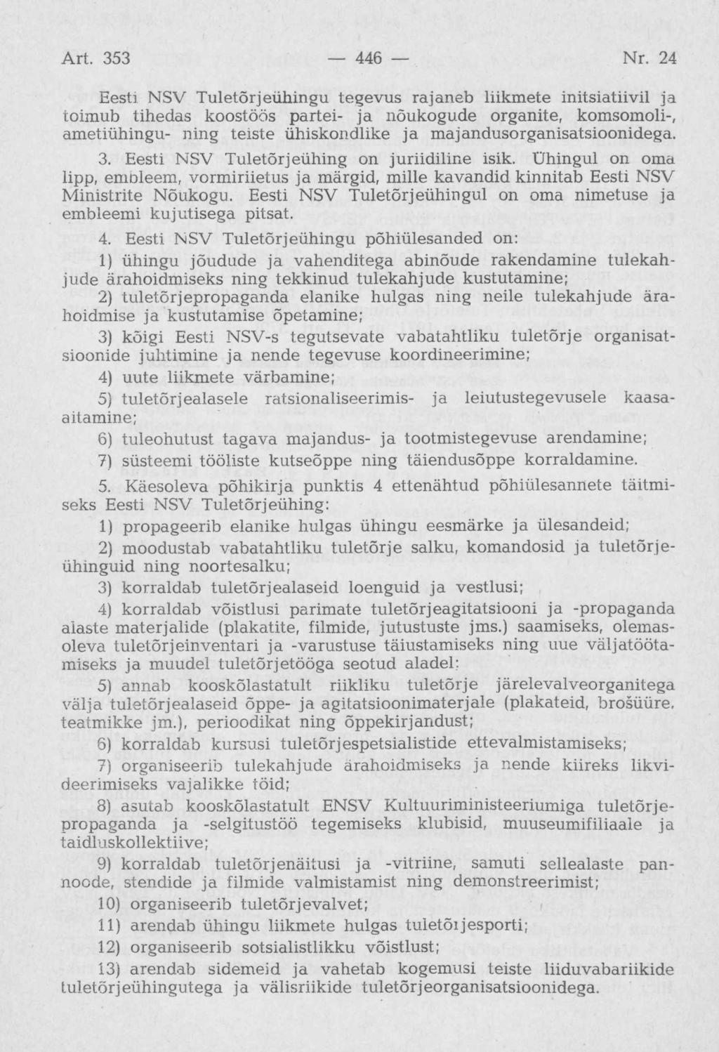 Eesti NSV Tuletõrjeühingu tegevus rajaneb liikmete initsiatiivil ja toimub tihedas koostöös partei- ja nõukogude organite, komsomoli-, ametiühingu- ning teiste ühiskondlike ja