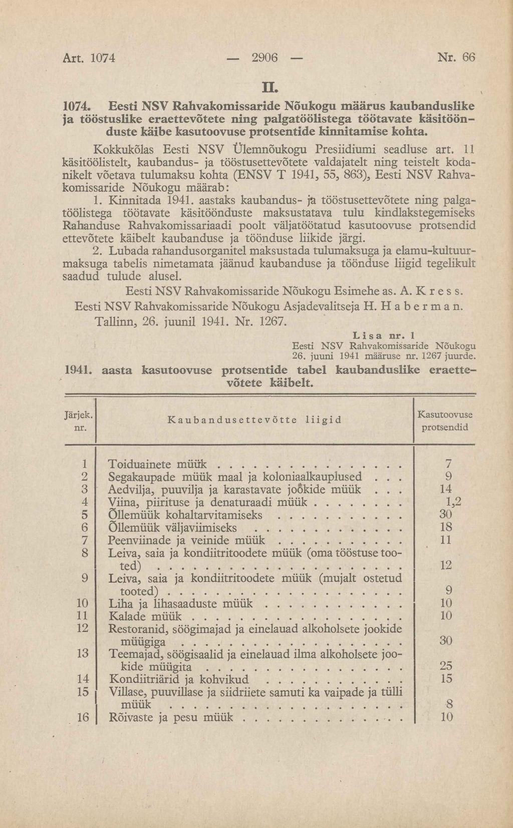 П. 1074. Eesti NSV Rahvakomissaride Nõukogu määrus kaubanduslike ja tööstuslike eraettevõtete ning palgatöölistega töötavate käsitöönduste käibe kasutoovuse protsentide kinnitamise kohta.
