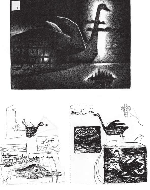 Joonis 6. Kaljo Põllu. Pesapaika otsiv veelind (sarjast Kalivägi ). Metsotinto. 37x49,1 cm. 1978. Pildi all sellel kujutatud detailide visandid. Pliiats.