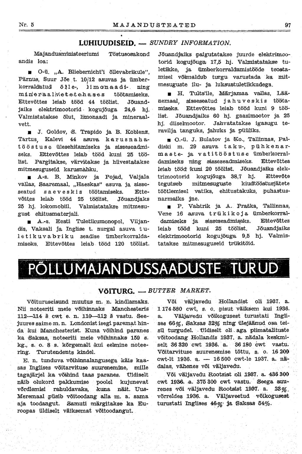 Nr. 5 MAJANDUSTEATED 97 Majandusministeeriumi andis loa: LÜHIUUDISEID. SUNDRY Töstusosakond ü O-ü. A. Bliebernichta õllevabrikule", Pärnus, Suur Jõe t.