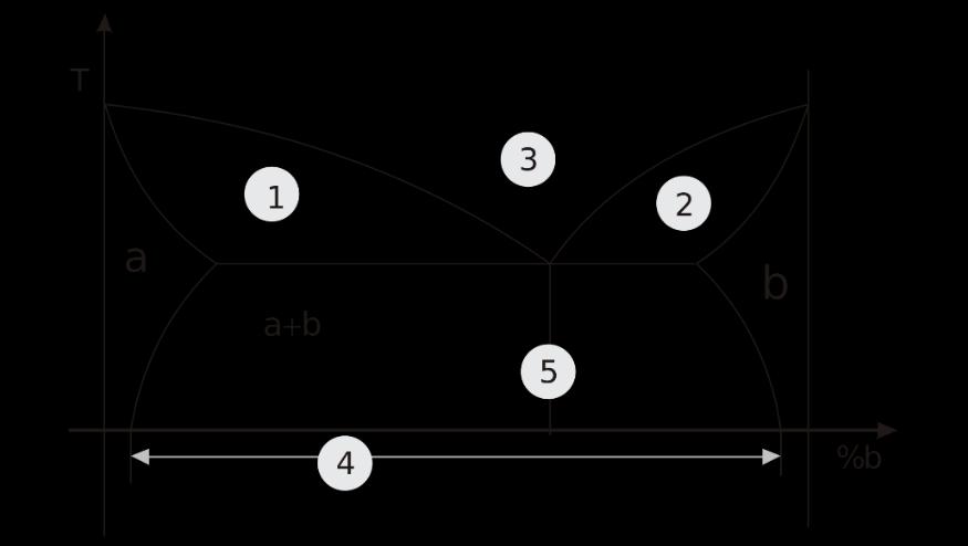 Joonis. Binaarse süsteemi faasidiagramm (koostis-temperatuur) Vastavuse printsiip. Igale antud süsteemis olevale faaside kompleksile vastab faasidiagrammil teatud geomeetrilinekuju.