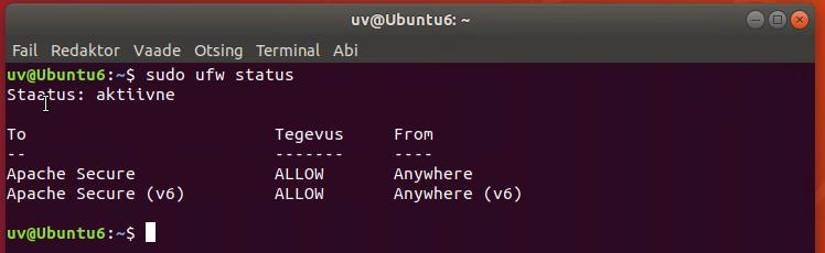 Tulemüüri reegli loomine, vajadusel Vaikimisi installatsiooni puhul on Ubuntul tulemüür välja lülitatud.