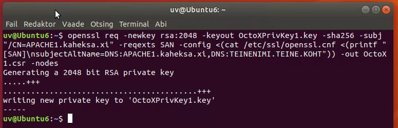 Pilt 3 - privaatvõtme ja sertifikaadi päringu genereerimine Kollase taustaga märgitud muutujatest: 1. OctoXPrivKey1.key on sertifikaadi privaatvõti. 2. Octox1.