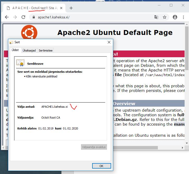 Pilt 13 - Apache veebiserver töötab ja kasutab ühepoolset SSL-i! Märkus. Sarnaseid virtuaalseid saite erinevate nimedega võime Apache2 veebiserverile luua mitmeid.