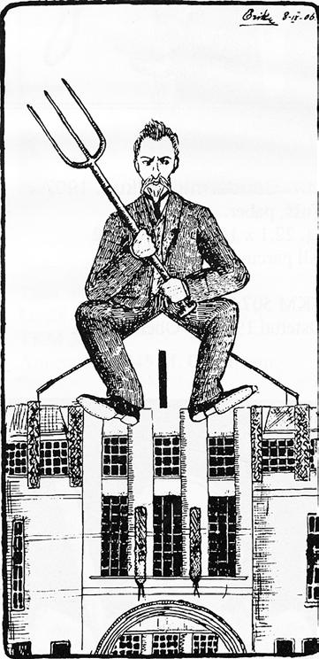 Nuustaku Härzog trooni peal (Jaan Tõnisson Vanemuise uue teatrimaja katusel). Erik Obermanni karikatuur. 8. IX 1906. Tartu Kunstimuuseum.