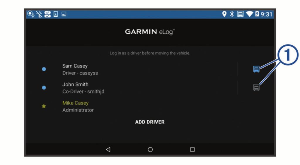 From the Garmin elog app, select the icon next to the user who should be listed as the active driver.