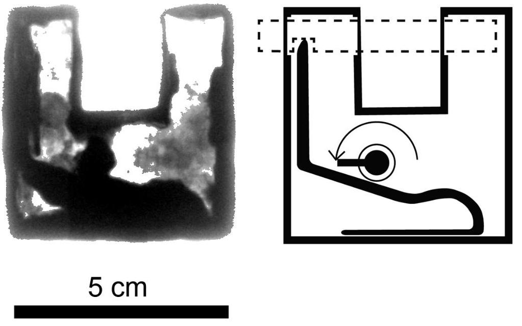 Joonis 7. Nelinurkse otseteljega tabaluku röntgenfoto (vasakul); võimalik lukustusmehhanismi ülesehitus (paremal); punktiiriga on tähistatud puuduolev otsetelg.