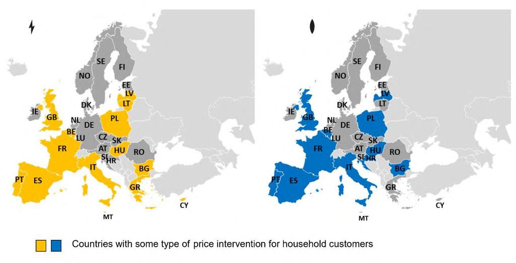 Bulgaarias, Leedus ja Maltal tarnitakse elektrit ning Bulgaarias ja Poolas gaasi kõikidele kodumajapidamistele hinnasekkumise mehhanismi alusel.