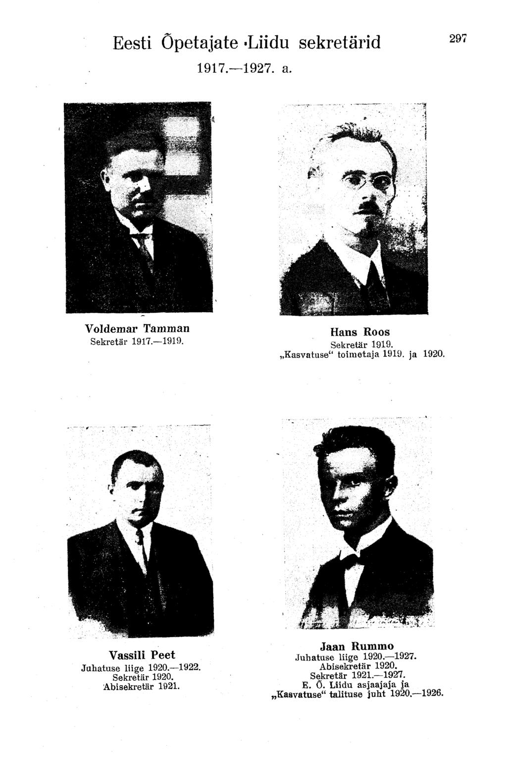 Eesti Õpetajate «Liidu sekretärid 1917 1927. a. 291 Voldemar Tamman Sekretär 1917. 1919. Hans Roos Sekretär 1919. Kasvatuse" toimetaja 1919. ja 1920.