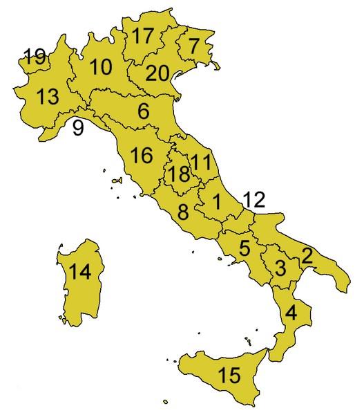 Haldusjaotus Itaalias on 20 maakonda, mis omakorda jagunevad 110 provintsiks ja 8101 vallaks (vaata Joonis 3). 1. Abruzzo maakond 2. Apuulia maakond (Puglia) 3. Basilicata maakond 4.