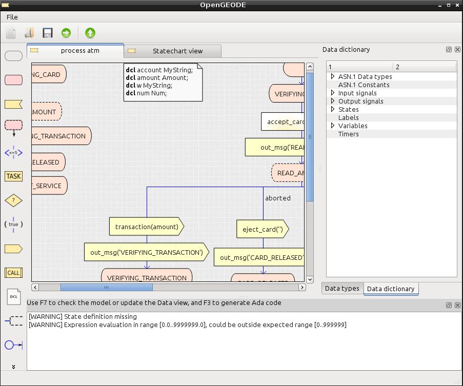 Figure 6: SDL Editor OpenGEODE 1.1.9 Stateflow Stateflow is a state machine dialect. It is used in the popular MATLAB/Simulink tool suite.