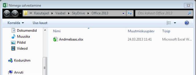 Saad valida oma töövihiku salvestamise asukohaks võrguketta, kas kasutades Microsofti SkyDrive või Office365 SharePoint kontot.