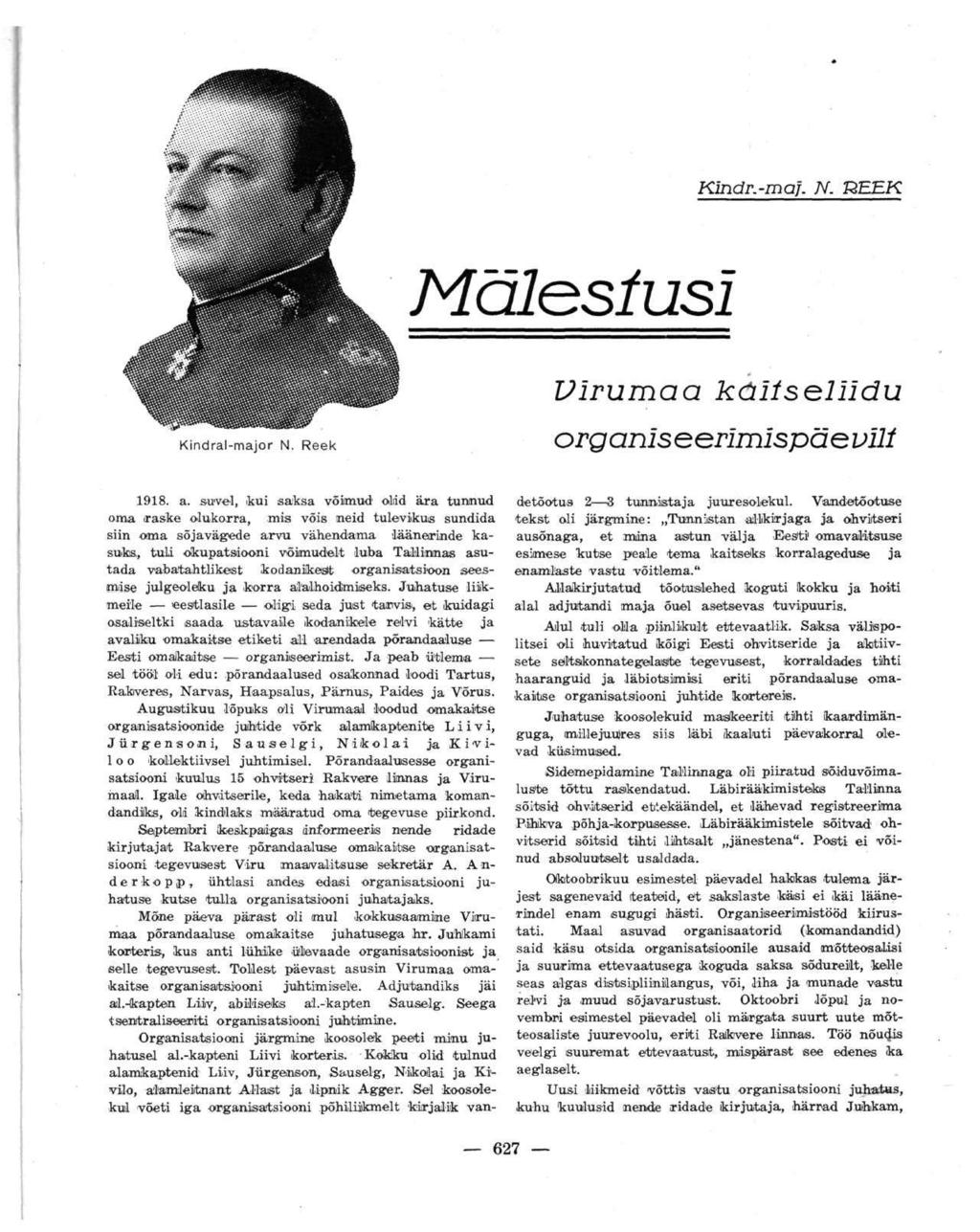 Kindr.-maJ. N. REEK Mälestusi Kindral-major N. Reek Virumaa kaitseliidu organiseerimispäevilt 1918. a.