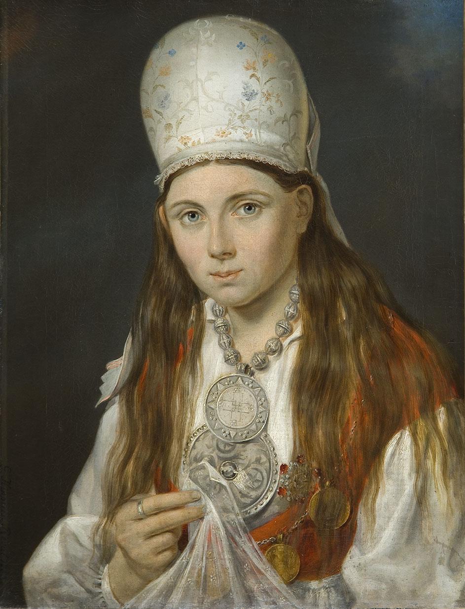 Eesti noorik. Gustav Adolf Hippiuse õlimaal, 1852. Eesti Kunstimuuseum. ületõmmatud naisetanu.