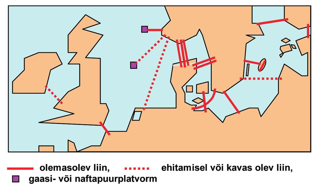 Joonis 3.5.11. Alalisvoolu-merekaabelliinid Läänemeres, Taani väinades ja Põhjameres 2006. aasta lõpus susega mõnikümmend kuni mõnisada megavatti ja pikkusega kuni ligikaudu 100 km.