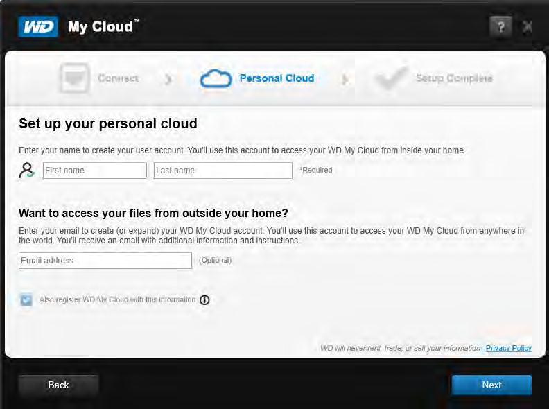 Ühenduste veaotsing ALUSTAMINE Kui paigaldusprogramm ei leia teie seadet, kuvatakse ekraan Ühendus ühtegi WD My Cloudi isikliku pilvemälu seadet ei leitud.