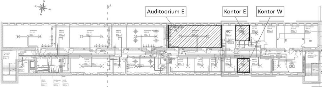 Joonis A.5. Hoone 4. korruse plaan, kus on tähistatud temperatuurisimulatsioonideks välja valitud kriitilised ruumid.