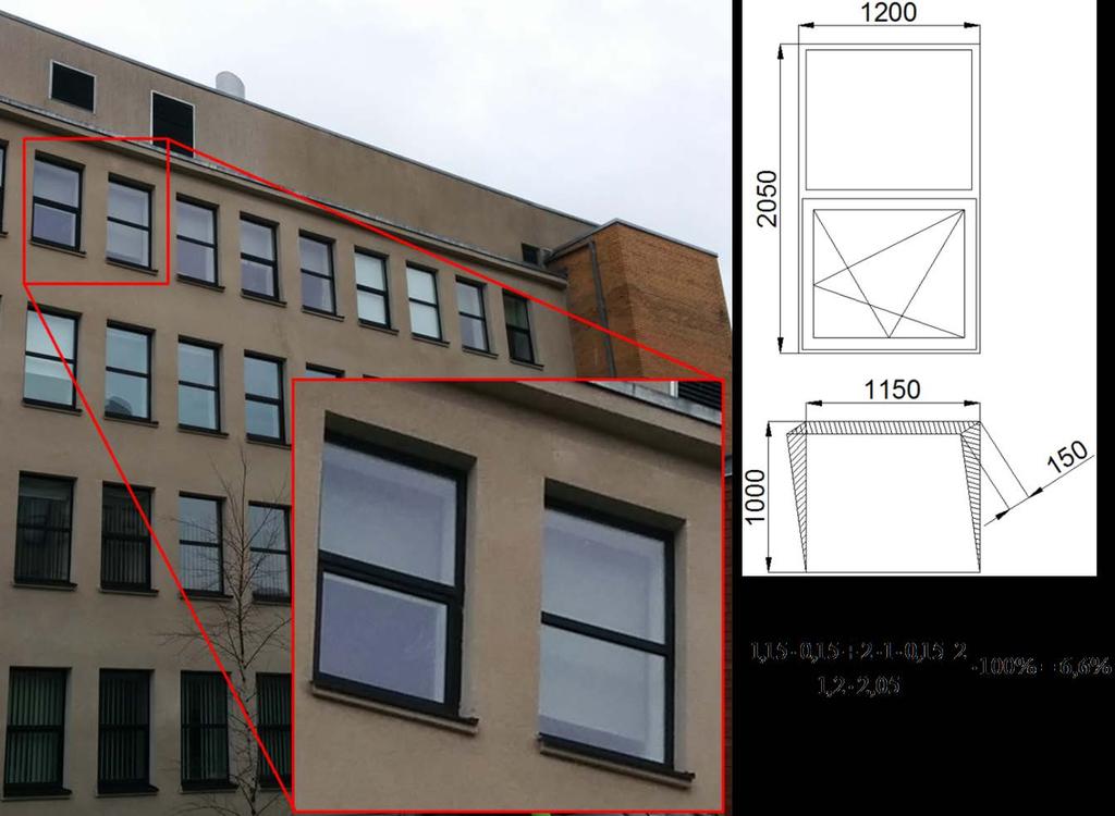 Kui aken on tuulutusasendis, siis avatud osa ülemine äär 150 mm kaugusel aknast ja vastavalt toodud arvutusele on avatud osa pindala 6,6% kogu akna pindalast.
