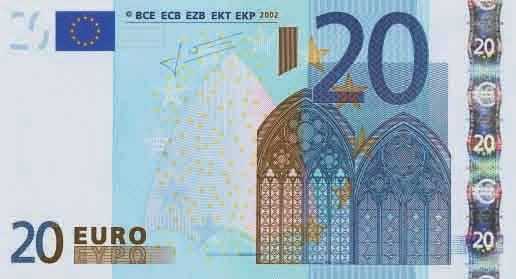 Hologramm Rahatähte kallutades ilmuvad 5-, 10- ja 20-eurose rahatähe hologrammil nähtavale nimiväärtus ja euro sümbol ( ).