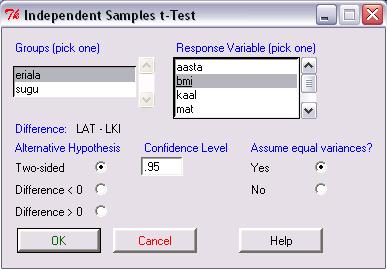 Keskmiste võrdlemine t-testiga Soovides testida tudengite kehamassiindeksi ( bmi ) sõltuvust erialast, tuleks teostada t-test: Statistics -> Means -> Independent samples t-test Seejuures laseb R