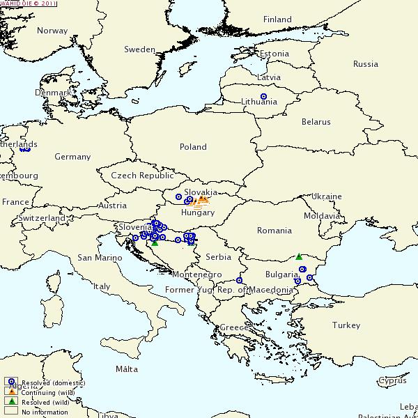 1.6 SKK levik Euroopas Alates 2005. a on SKK-d registreeritud peamiselt Ida- ja Lõuna-Euroopa riikides (vt joon. 1). Saksmaal oli viimane SKK puhang kodusigadel 2006. a. Joonis 1.